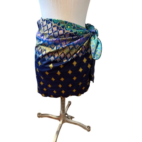Longitude Sarong Swim Skirt Wrap Cover Up Blue Green Gold - Picture 1 of 5